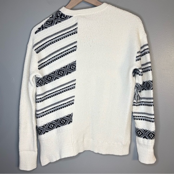 White + Warren White and Black Striped Fringe Textured Sweater, Sz S - Picture 3 of 6